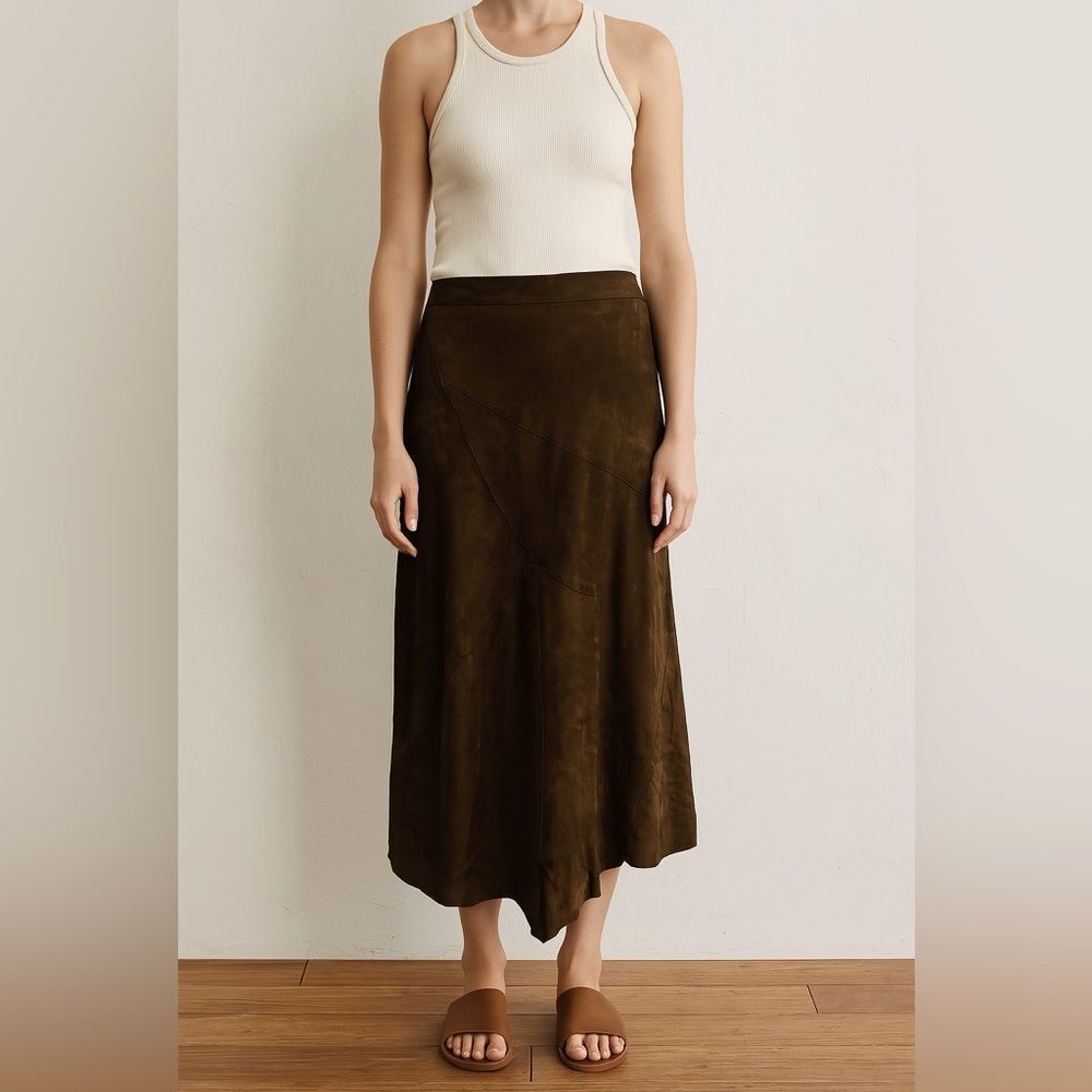 Peruvian Connection Brown Suede Asymmetrical Midi Skirt Size 10 Genuine Leather